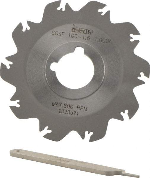 Iscar - Arbor Hole Connection, 0.049" Cutting Width, 1.18" Depth of Cut, 3.94" Cutter Diam, 1" Hole Diam, 10 Tooth Indexable Slotting Cutter - SGSF Toolholder, GSFN, GSFU Insert - Eagle Tool & Supply