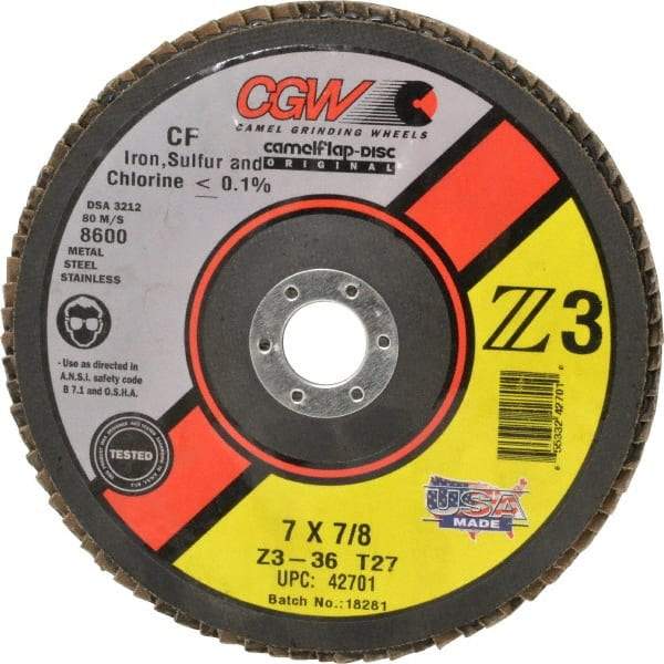 Camel Grinding Wheels - 36 Grit, 7" Disc Diam, 7/8" Center Hole, Type 27 Zirconia Alumina Flap Disc - 8,600 Max RPM, Poly Cotton Backing, Arbor Attaching System, Coated - Eagle Tool & Supply