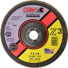 Camel Grinding Wheels - 80 Grit, 7" Disc Diam, 7/8" Center Hole, Type 27 Zirconia Alumina Flap Disc - 8,600 Max RPM, Poly Cotton Backing, Arbor Attaching System, Coated - Eagle Tool & Supply