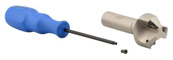 Iscar - 30° Lead Angle, 1.61" Max Cut Diam, 5/8" Min Cut Diam, 0.27" Max Depth of Cut, Indexable Chamfer and Angle End Mill - 3 Inserts, TPMT Insert Style, 3.54" Overall Length, Straight Shank - Eagle Tool & Supply