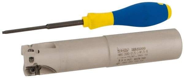 Iscar - 1-1/4" Cut Diam, 0.56" Max Depth of Cut, 1-1/4" Shank Diam, 6-1/4" OAL, Indexable Square Shoulder End Mill - AD..1505.., HM90 AD..1505 Inserts, Weldon Shank, 90° Lead Angle, Series Heli2000 - Eagle Tool & Supply