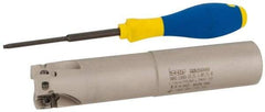 Iscar - 1-1/4" Cut Diam, 0.56" Max Depth of Cut, 1-1/4" Shank Diam, 6-1/4" OAL, Indexable Square Shoulder End Mill - AD..1505.., HM90 AD..1505 Inserts, Weldon Shank, 90° Lead Angle, Series Heli2000 - Eagle Tool & Supply
