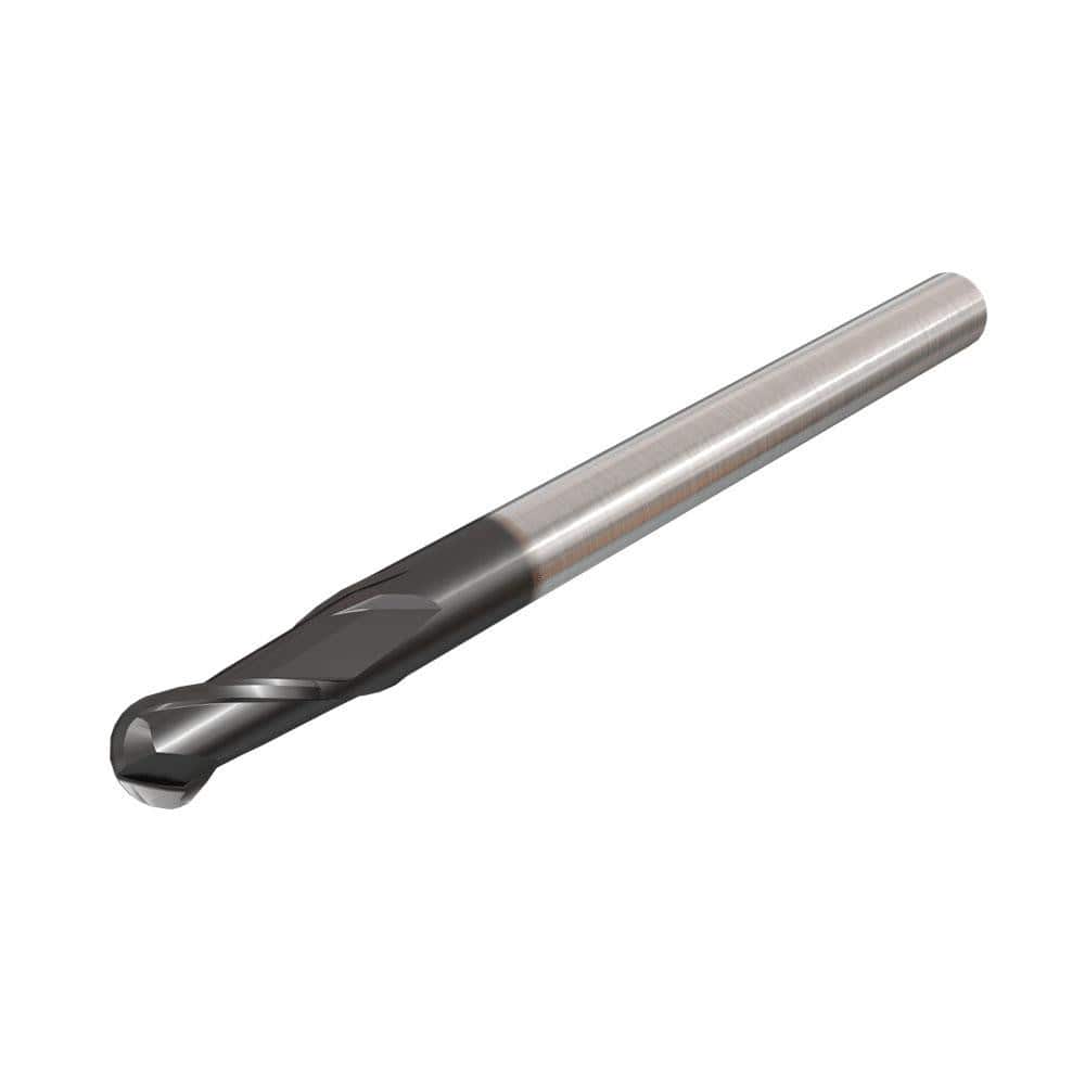 Ball End Mill: 0.1875″ Dia, 0.25″ LOC, 2 Flute, Solid Carbide 2″ OAL, 3/16″ Shank Dia, 30 ° Helix, TiAlN Coated, Single End, Series EBSI-A-2
