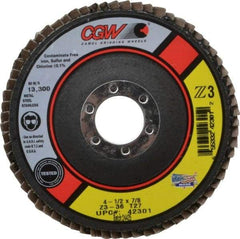 Camel Grinding Wheels - 36 Grit, 4-1/2" Disc Diam, 7/8" Center Hole, Type 27 Zirconia Alumina Flap Disc - 13,300 Max RPM, Poly Cotton Backing, Arbor Attaching System, Coated - Eagle Tool & Supply