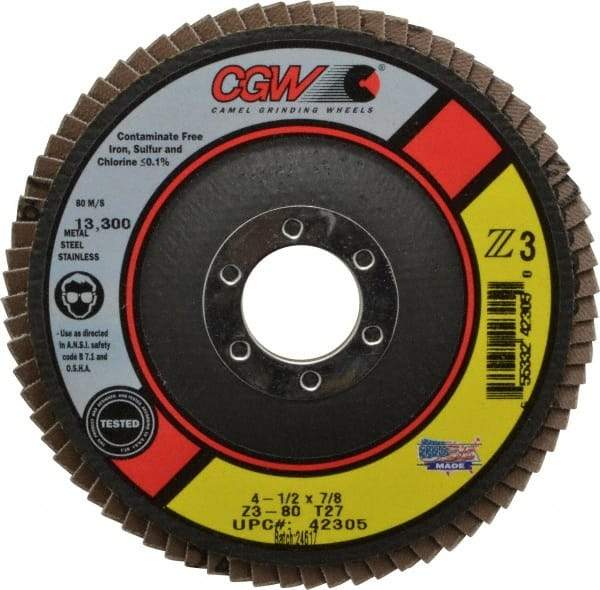 Camel Grinding Wheels - 80 Grit, 4-1/2" Disc Diam, 7/8" Center Hole, Type 27 Zirconia Alumina Flap Disc - 13,300 Max RPM, Poly Cotton Backing, Arbor Attaching System, Coated - Eagle Tool & Supply