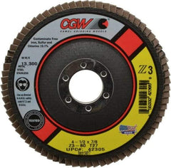 Camel Grinding Wheels - 80 Grit, 4-1/2" Disc Diam, 7/8" Center Hole, Type 27 Zirconia Alumina Flap Disc - 13,300 Max RPM, Poly Cotton Backing, Arbor Attaching System, Coated - Eagle Tool & Supply