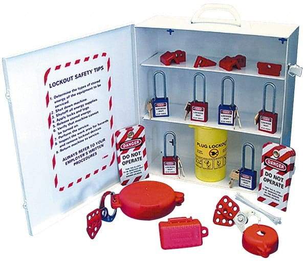 NMC - 18 Piece, Equipped Steel Lockout Cabinet - 15 Inch Wide x 16 Inch High x 5-1/2 Inch Deep, White, Covered - Eagle Tool & Supply
