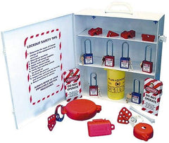 NMC - 18 Piece, Equipped Steel Lockout Cabinet - 15 Inch Wide x 16 Inch High x 5-1/2 Inch Deep, White, Covered - Eagle Tool & Supply