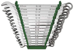 SK - 15 Piece, 8 to 22mm, Combination Wrench Set - Metric System of Measurement, Chrome Finish, Comes in Rack - Eagle Tool & Supply