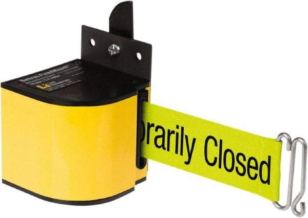 Lavi Industries - 3-1/2" High x 3-1/4" Long x 3-1/4" Wide Retractable Barrier Belt - Aluminum, Powdercoat Finish, Yellow, Use with Upright - Eagle Tool & Supply