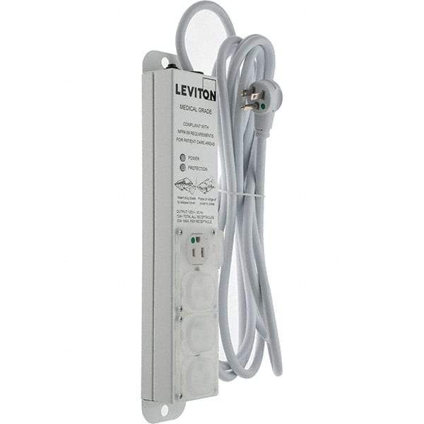 Leviton - 4 Outlets, 125 VAC15 Amps, 15' Cord, Surge Power Outlet Strip - Wall/Surface Mount, 5-20 NEMA Configuration, 1' Strip, UL 60601-1 - Eagle Tool & Supply