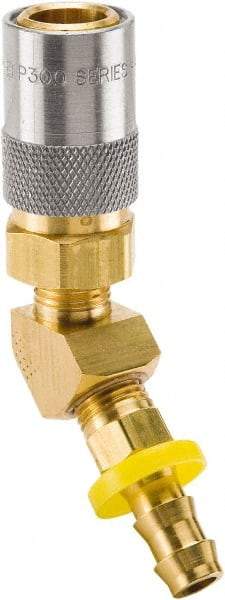 Parker - Nonthreaded Brass Hydraulic Hose Push-Lok Hose Barb Coupler & 45° Fitting - 200 psi, 6 GPM, 1/2" Hose Diam, Series Moldmate - Eagle Tool & Supply