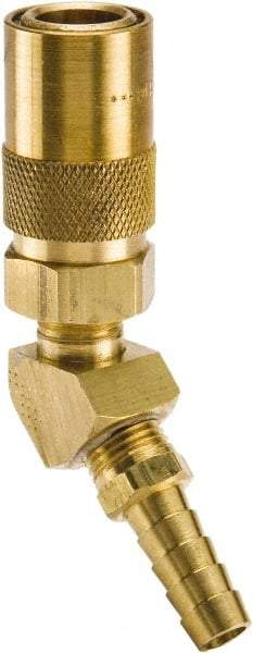 Parker - Nonthreaded Brass Hydraulic Hose Hose Barb Coupler & 45° Fitting - 200 psi, 3 GPM, 3/8" Hose Diam, Series Moldmate - Eagle Tool & Supply