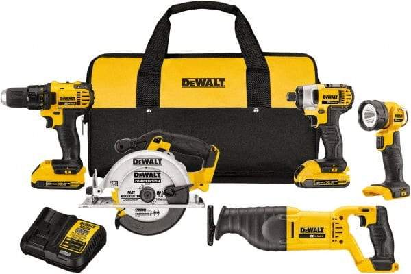 DeWALT - 20 Volt Cordless Tool Combination Kit - Includes 1/2" Compact Drill/Driver, 1/4" Impact Driver, Reciprocating Saw, 6-1/2 Circular Saw & LED Worklight, Lithium-Ion Battery Included - Eagle Tool & Supply