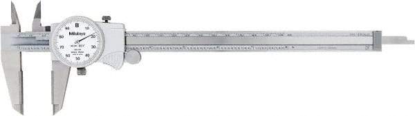 Mitutoyo - 0" to 8" Range, 0.001" Graduation, 0.1" per Revolution, Dial Caliper - White Face, 50mm Jaw Length - Eagle Tool & Supply