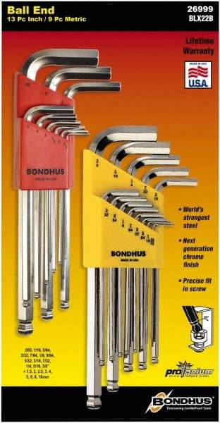 Bondhus - 22 Piece L-Key Ball End Hex Key Set - Hex Range 0.05 to 3/8", Protanium High Torque Steel - Eagle Tool & Supply