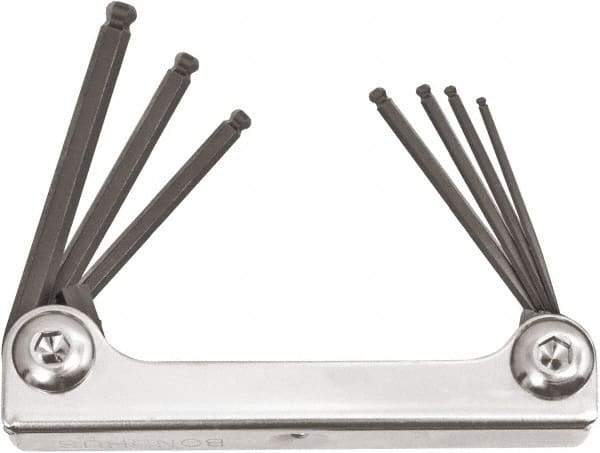 Bondhus - 7 Piece Fold-Up Ball End Hex Key Set - Hex Range 1/16 to 5/32", Protanium High Torque Steel - Eagle Tool & Supply