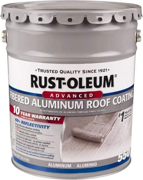 Rust-Oleum - 5 Gal Pail Aluminum Fibered Aluminum Roof Coating - 50 Sq Ft/Gal Coverage, 467 g/L VOC Content, Mildew Resistant, Long Term Durability & Weather Resistance - Eagle Tool & Supply