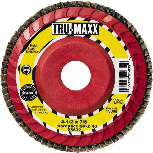 Tru-Maxx - 80 Grit, 4-1/2" Disc Diam, 5/8-11 Center Hole, Compact Ceramic Flap Disc - 13,300 Max RPM, Fiberglass Backing, Arbor Attaching System, Coated - Eagle Tool & Supply