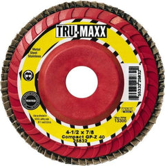 Tru-Maxx - 40 Grit, 4-1/2" Disc Diam, 5/8-11 Center Hole, Compact Ceramic Flap Disc - 13,300 Max RPM, Fiberglass Backing, Arbor Attaching System, Coated - Eagle Tool & Supply