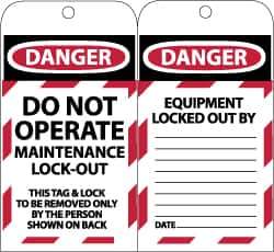 NMC - 3" High x 6" Long, DANGER - DO NOT OPERATE - MAINTENANCE LOCK OUT - THIS TAG & LOCK TO BE REMOVED ONLY BY THE PERSON SHOWN ON BACK, English Safety & Facility Lockout Tag - Tag Header: Danger, 2 Sides, Black, Red & White Synthetic Paper - Eagle Tool & Supply