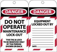 NMC - 3" High x 6" Long, DANGER - DO NOT OPERATE - MAINTENANCE LOCK OUT - THIS TAG & LOCK TO BE REMOVED ONLY BY THE PERSON SHOWN ON BACK, English Safety & Facility Lockout Tag - Tag Header: Danger, 2 Sides, Black, Red & White Synthetic Paper - Eagle Tool & Supply