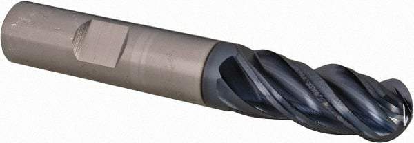 SGS - 1/2" Diam, 1-1/4" LOC, 4 Flute Solid Carbide Ball End Mill - AlTiN Finish, Single End, 3-1/4" OAL, 1/2" Shank Diam, Spiral Flute - Eagle Tool & Supply
