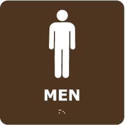 NMC - Men, 8" Wide x 8" High, Plastic Sign - English, Braille, White on Brown, Wall Mount - Eagle Tool & Supply