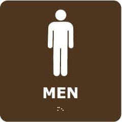 NMC - Men, 8" Wide x 8" High, Plastic Sign - English, Braille, White on Brown, Wall Mount - Eagle Tool & Supply