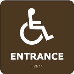 NMC - Entrance, 8" Wide x 8" High, Plastic Sign - English, Braille, White on Brown, Wall Mount - Eagle Tool & Supply