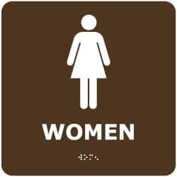 NMC - Women, 8" Wide x 8" High, Plastic Sign - English, Braille, White on Brown, Wall Mount - Eagle Tool & Supply