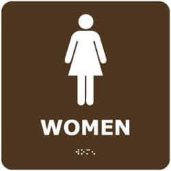 NMC - Women, 8" Wide x 8" High, Plastic Sign - English, Braille, White on Brown, Wall Mount - Eagle Tool & Supply