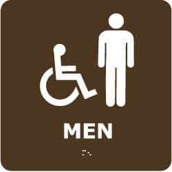 NMC - Men, 8" Wide x 8" High, Plastic Sign - English, Braille, White on Brown, Wall Mount - Eagle Tool & Supply