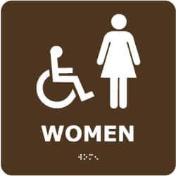 NMC - Women, 8" Wide x 8" High, Plastic Sign - English, Braille, White on Brown, Wall Mount - Eagle Tool & Supply