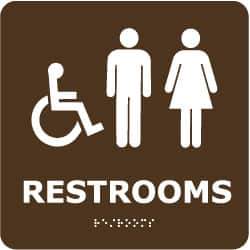 NMC - Restrooms, 8" Wide x 8" High, Plastic Sign - English, Braille, White on Brown, Wall Mount - Eagle Tool & Supply