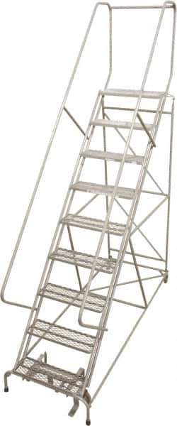Cotterman - 99" 9 Step Rolling Warehouse Ladder - 50° Incline, 450 Lb Capacity, 90" Platform Height, 32" Base Width x 120" Base Depth, Perforated Tread - Eagle Tool & Supply