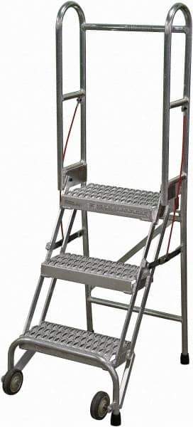 Cotterman - 60" 3 Step Rolling Warehouse Ladder - Portable Folding Safety Ladder, 350 Lb Capacity, 30" Platform Height, 21" Base Width x 28" Base Depth, Serrated - Eagle Tool & Supply