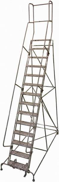 Cotterman - 182" 14 Step Rolling Warehouse Ladder - 50° Incline, 450 Lb Capacity, 140" Platform Height, 44" Base Width x 134" Base Depth, Perforated Tread - Eagle Tool & Supply