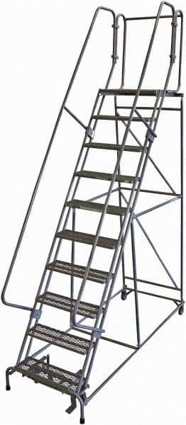 Cotterman - 130" 10 Step Rolling Warehouse Ladder - 50° Incline, 450 Lb Capacity, 100" Platform Height, 34" Base Width x 97" Base Depth, Perforated Tread - Eagle Tool & Supply