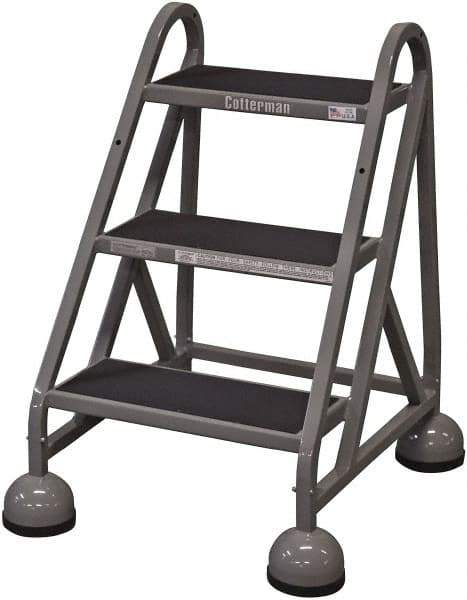 Cotterman - 33" 3 Step Rolling Warehouse Ladder - Rolling Steel Office Ladder, 450 Lb Capacity, 27" Platform Height, 25" Base Width x 28" Base Depth, Rubber Matted - Eagle Tool & Supply