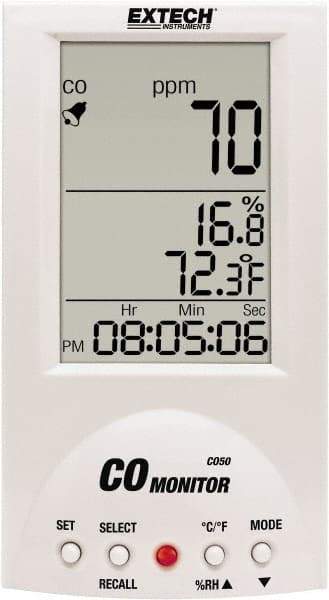 Extech - Audible Alarm, LCD Display, Carbon Monoxide (CO) Meter - Monitors Carbon Monoxide, -10 to 60°C Working Temp, CE Listed - Eagle Tool & Supply