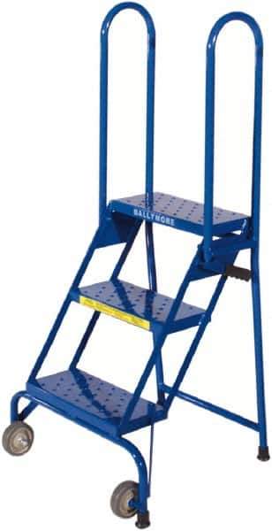Ballymore - 51" 3 Step Rolling Warehouse Ladder - Lock-N-Stock, 300 Lb Capacity, 28-1/2" Platform Height, 24" Base Width x 23" Base Depth, Perforated Tread - Eagle Tool & Supply
