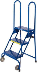 Ballymore - 51" 3 Step Rolling Warehouse Ladder - Lock-N-Stock, 300 Lb Capacity, 28-1/2" Platform Height, 24" Base Width x 23" Base Depth, Perforated Tread - Eagle Tool & Supply