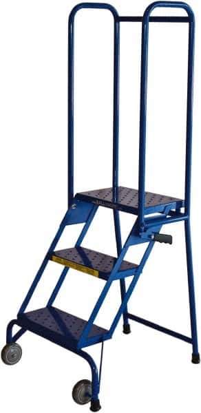 Ballymore - 59" 3 Step Rolling Warehouse Ladder - Lock-N-Stock, 350 Lb Capacity, 28-1/2" Platform Height, 24" Base Width x 28" Base Depth, Perforated Tread - Eagle Tool & Supply