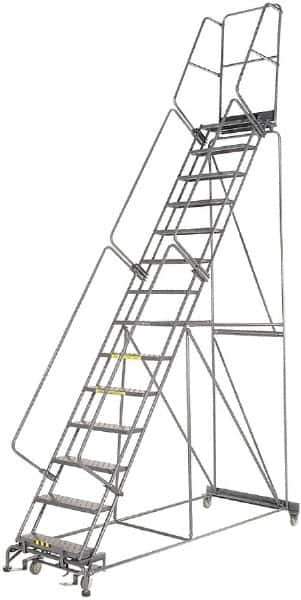 Ballymore - 185" 14 Step Rolling Warehouse Ladder - Lock Step Rolling Safety Ladder, 450 Lb Capacity, 140" Platform Height, 40" Base Width x 100" Base Depth, Perforated Tread - Eagle Tool & Supply