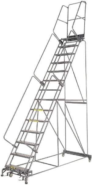 Ballymore - 195" 15 Step Rolling Warehouse Ladder - Lock Step Rolling Safety Ladder, 450 Lb Capacity, 150" Platform Height, 40" Base Width x 106" Base Depth, Perforated Tread - Eagle Tool & Supply