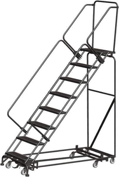 Ballymore - 113" 8 Step Rolling Warehouse Ladder - Lock Step Rolling Safety Ladder, 450 Lb Capacity, 80" Platform Height, 24" Base Width x 74" Base Depth, Perforated Tread - Eagle Tool & Supply