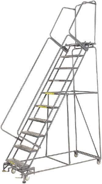 Ballymore - 133" 10 Step Rolling Warehouse Ladder - Lock Step Rolling Safety Ladder, 450 Lb Capacity, 100" Platform Height, 32" Base Width x 74" Base Depth, Perforated Tread - Eagle Tool & Supply