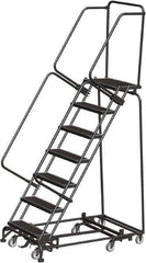 Ballymore - 103" 7 Step Rolling Warehouse Ladder - Lock Step Rolling Safety Ladder, 450 Lb Capacity, 70" Platform Height, 32" Base Width x 55" Base Depth, Perforated Tread - Eagle Tool & Supply
