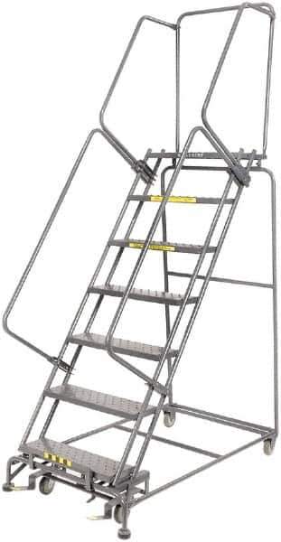 Ballymore - 103" 7 Step Rolling Warehouse Ladder - Lock Step Rolling Safety Ladder, 450 Lb Capacity, 70" Platform Height, 32" Base Width x 55" Base Depth, Perforated Tread - Eagle Tool & Supply